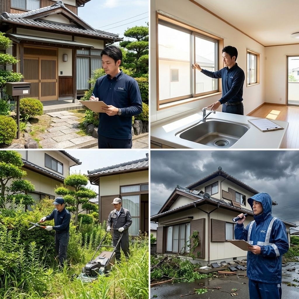 巡回、換気、草刈り、災害確認の対応イメージコラージュ