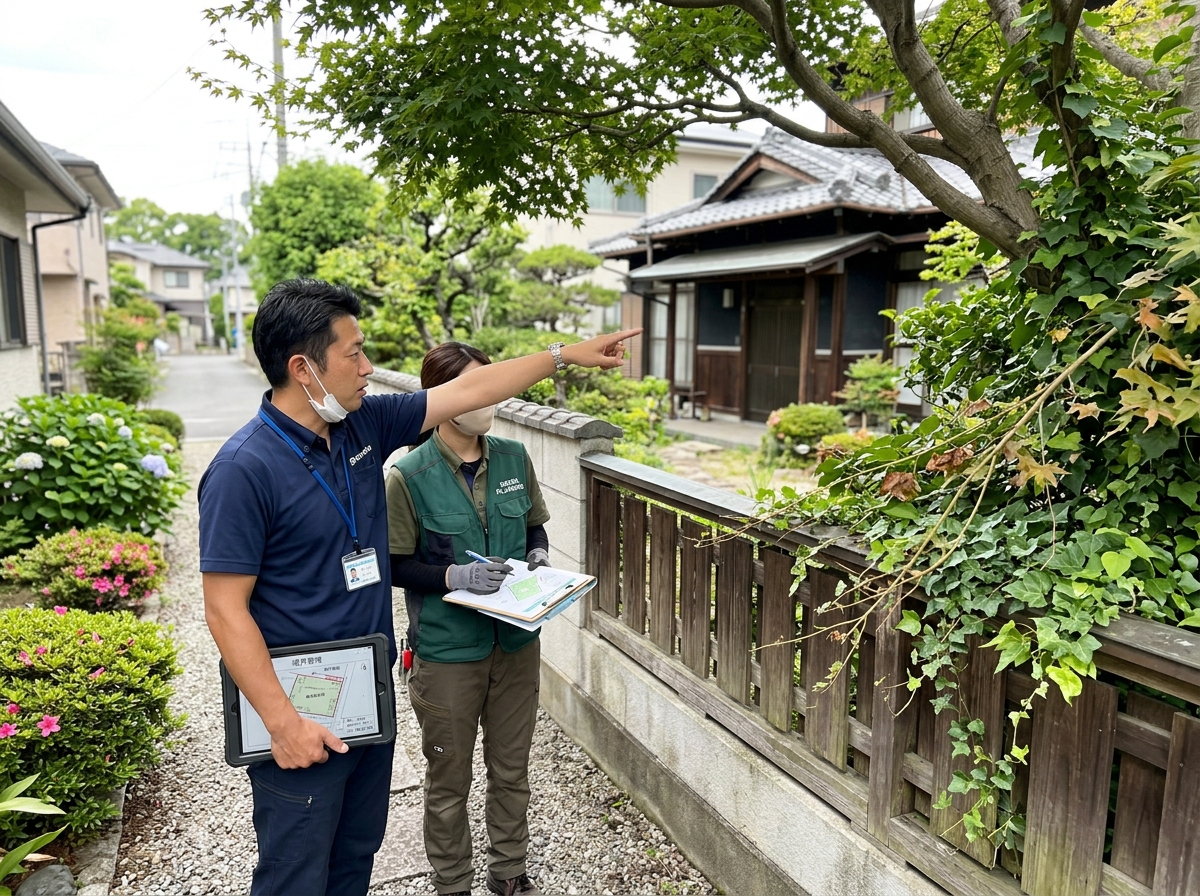 越境しそうな樹木を現地で確認するスタッフ