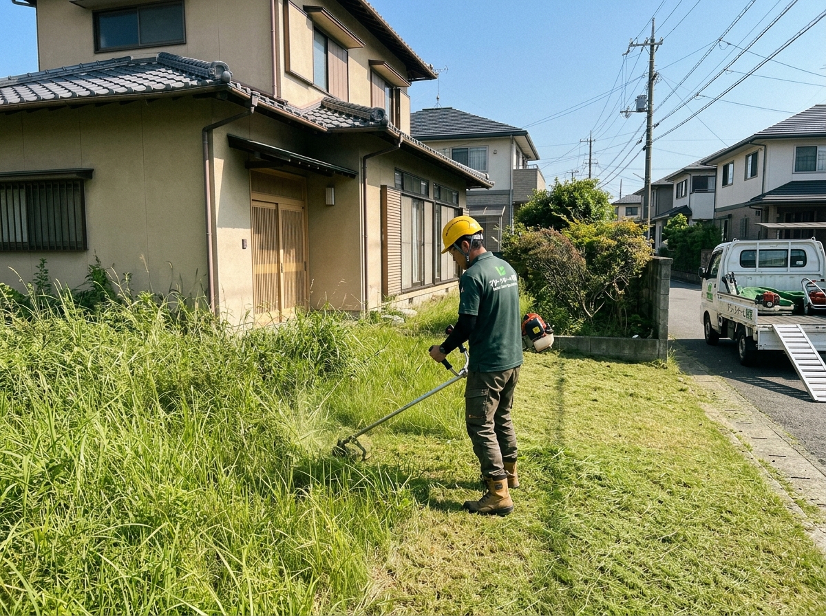空き家の庭で草刈り作業を行うスタッフ